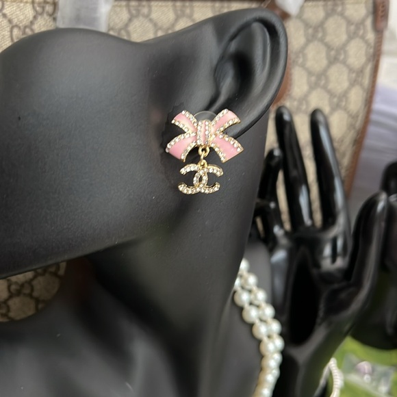 Pink and Gold Crystal Fashion Bow Earrings - Picture 4 of 8